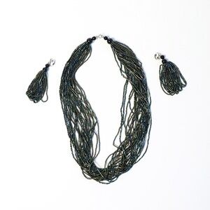 Set of statement necklace and earrings boho black green forest waterfall beaded